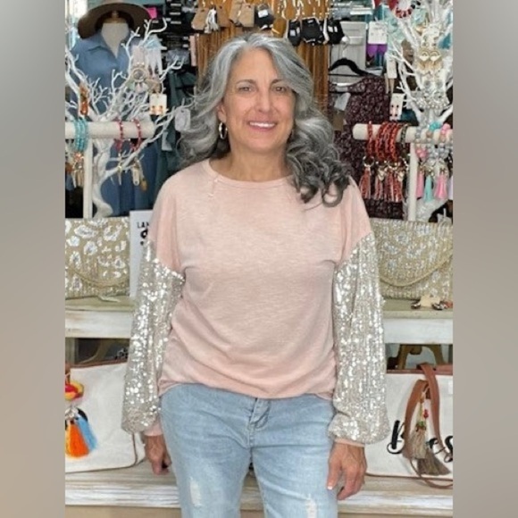 BiBi New Womens Size M Blue Top with Silver Sequin Balloon Sleeve - Picture 8 of 8